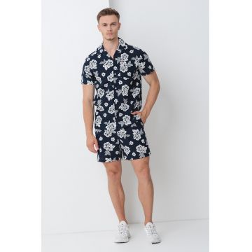 Camasa cu imprimeu tropical - Alb murdar/Bleumarin