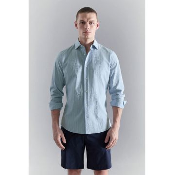 Tricou slim-fit texturat cu dungi - Albastru glaciar