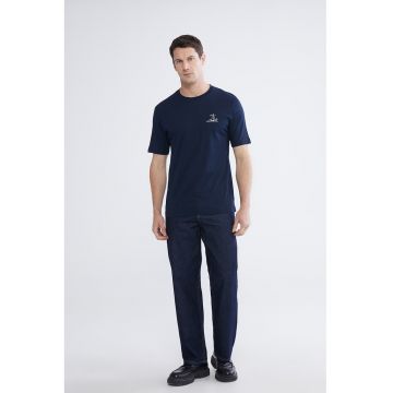 Tricou din bumbac cu decolteu la baza gatului si imprimeu discret - Alb/Albastru ultramarin