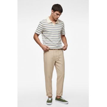 Tricou cu model in dungi si guler polo - Albastru prafuit/Crem