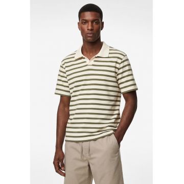 Tricou cu model in dungi si guler polo - Kaki inchis/Crem