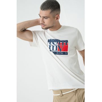 Tricou regular fit cu imprimeu grafic - Alb murdar/Bleumarin