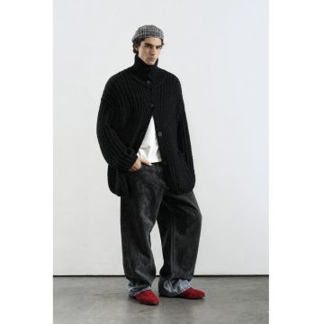 Cardigan barbati -  supradimensionat - guler inalt - negru - bumbac -