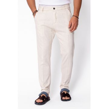 Pantaloni lungi din in cu nasture Beige 21978 - Bej
