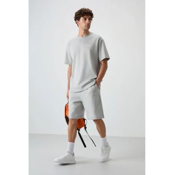 Set Active -  Tricou Supradimensionat cu Maneca Scurta si Pantaloni Scurti - Gri deschis - Bumbac si Poliester