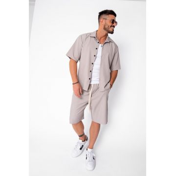 Set camasa cu maneca scurta si pantalon scurt Oversized Beige 21958 - Bej