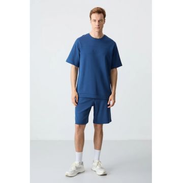 Set de trening -  tricou si pantaloni scurti supradimensionati - albastru - bumbac si poliester -