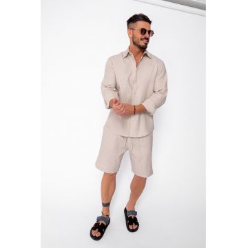 Set Lino 100% In camasa si pantalon scurt Premium Edition Beige 21756 - Bej