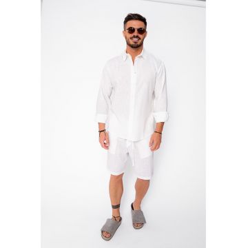 Set Lino 100% In camasa si pantalon scurt Premium Edition Off White 21748 - Alb