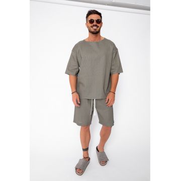 Set Lino 100% In Tricou si pantalon scurt Dark Olive Premium Edition New 21845 - Verde masliniu inchis