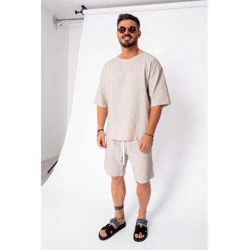 Set Lino 100% In Tricou si pantalon scurt Light Beige Premium Edition New 21832 - Bej deschis