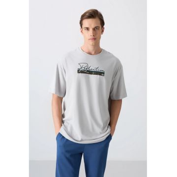 Tricou barbatesc  supradimensionat imprimat - gri deschis - amestec de bumbac si poliester