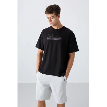 Tricou barbati -  supradimensionat - imprimat - negru - amestec de bumbac