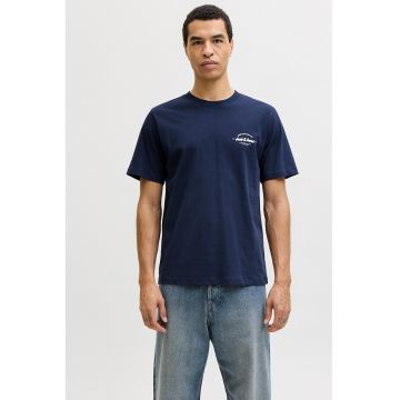 Tricou de bumbac cu decolteu la baza gatului si imprimeu logo discret - Bleumarin