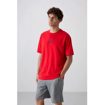 Tricou  supradimensionat cu guler rotund - broderie - rosu - barbati