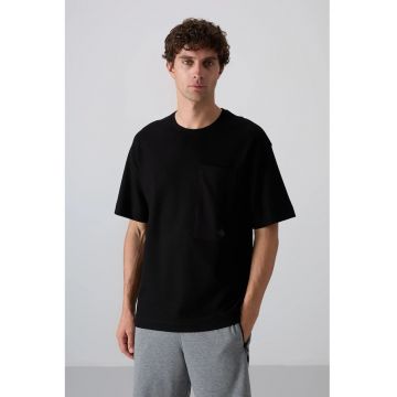 Tricou  supradimensionat - cu guler rotund - buzunar - negru - bumbac-poliester