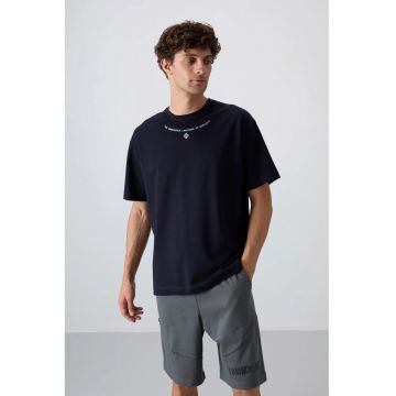 Tricou  supradimensionat cu guler rotund - imprimeu - albastru marin barbati