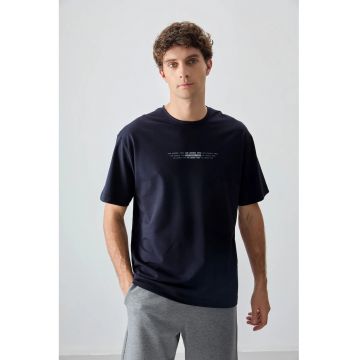 Tricou  supradimensionat cu guler rotund - imprimeu - albastru marin - barbati