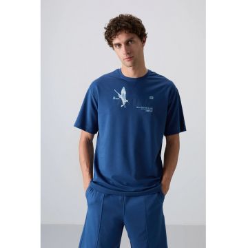 Tricou  supradimensionat cu guler rotund - imprimeu - Albastru Moroccan - barbati
