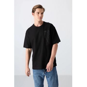 Tricou  supradimensionat cu guler rotund - imprimeu - negru - 93% bumbac - 7% poliester