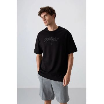 Tricou  supradimensionat cu guler rotund - imprimeu - negru - bumbac 93%
