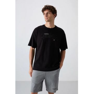 Tricou  supradimensionat cu guler rotund - imprimeu - negru bumbac 93%