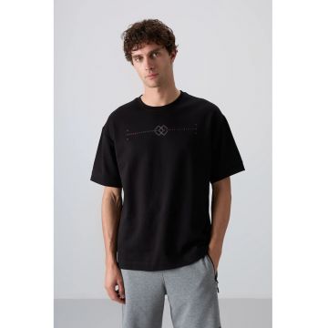 Tricou  supradimensionat cu guler rotund - imprimeu - negru - bumbac/poliester