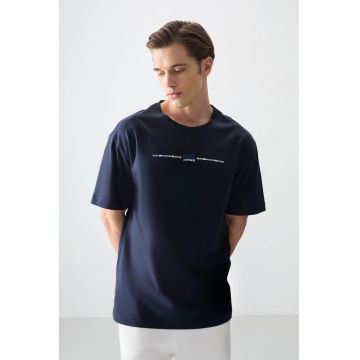Tricou  supradimensionat din bumbac - imprimeu - albastru marin - 100% bumbac
