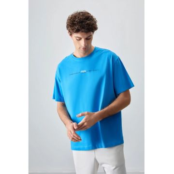 Tricou  supradimensionat din bumbac - imprimeu pe spate - Albastru Cerulean