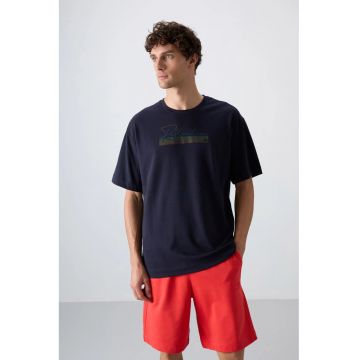 Tricou  supradimensionat imprimat - albastru marin - amestec de bumbac