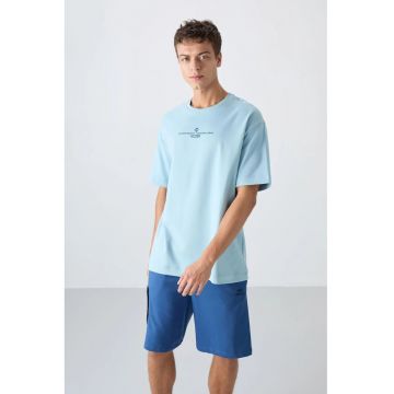 Tricou  supradimensionat - imprimat pe spate - albastru deschis - amestec de bumbac