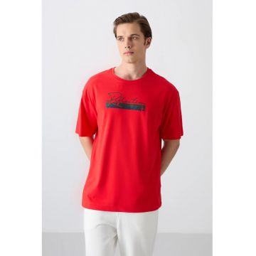 Tricou  supradimensionat imprimat - rosu - amestec de bumbac