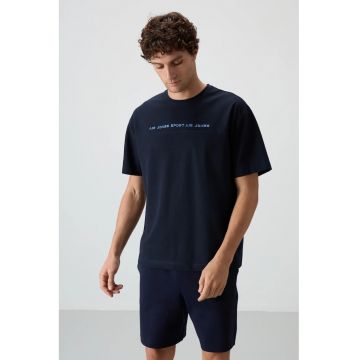 Tricou  supradimensionat - imprimeu - albastru marin - 80% bumbac - 20% poliester