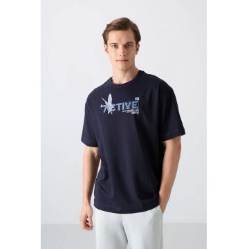 Tricou  supradimensionat - imprimeu - bleumarin - barbati