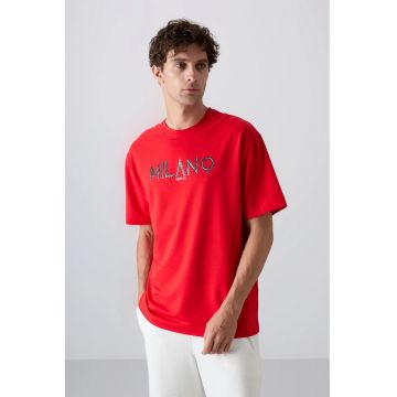 Tricou  supradimensionat - imprimeu - rosu - barbati