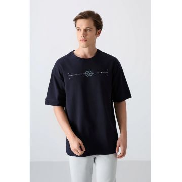 Tricou  supradimensionat - imprimeu spate - albastru marin - bumbac/poliester