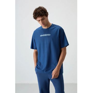 Tricou  supradimensionat - imprimeu spate - albastru Moroccan - 80% bumbac - 20% poliester