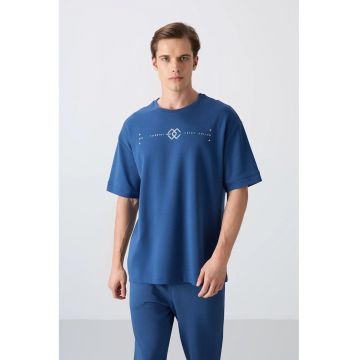 Tricou  supradimensionat - imprimeu spate - Albastru Moroccan - 93% bumbac - 7% poliester