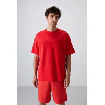Tricou  supradimensionat - rosu - amestec de bumbac cu guler rotund - pentru barbati