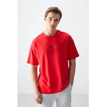 Tricou  supradimensionat - rosu - bumbac cu poliester si lycra - imprimeu pe spate