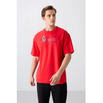 Tricou  supradimensionat - rosu - bumbac-poliester-lycra - imprimeu pe fata si spate