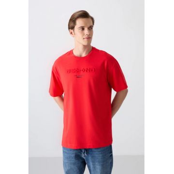 Tricou  supradimensionat rosu din bumbac-poliester cu logo - pentru barbati