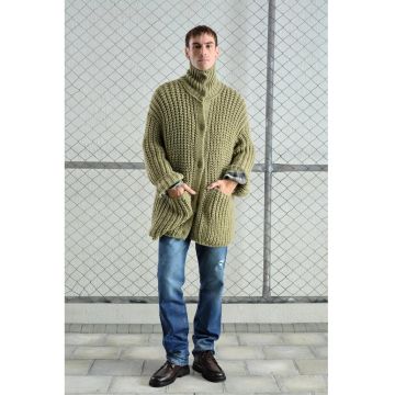 Cardigan barbati -  tricotat cu nervuri - verde - 100% bumbac - cu buton