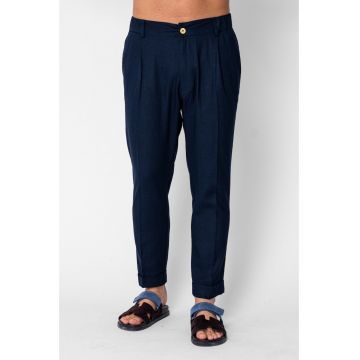 Pantaloni lungi cu nasture si tiv intors Navy 21773 - Bleumarin