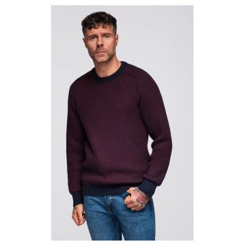 Pulover din tricot contrastant cu decolteu rotund  OM-SWSW-0122 - Visiniu