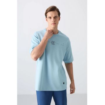 Tricou  supradimensionat - imprimeu - albastru deschis - bumbac 93% -
