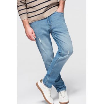 Blugi slim fit cu detalii deteriorate - Albastru deschis melange