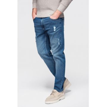 Blugi slim fit cu detalii deteriorate - Albastru melange