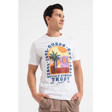 Tricou cu decolteu la baza gatului si imprimeu - Alb/Portocaliu