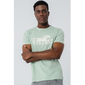 Tricou cu decolteu la baza gatului si imprimeu logo - Alb/Verde menta